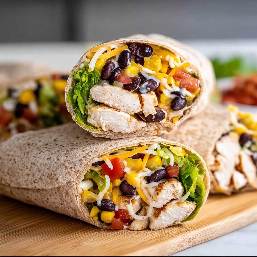 Close-up of a cut Southwest Chicken Wrap filled with chicken, black beans, corn, cheese, and lettuce.