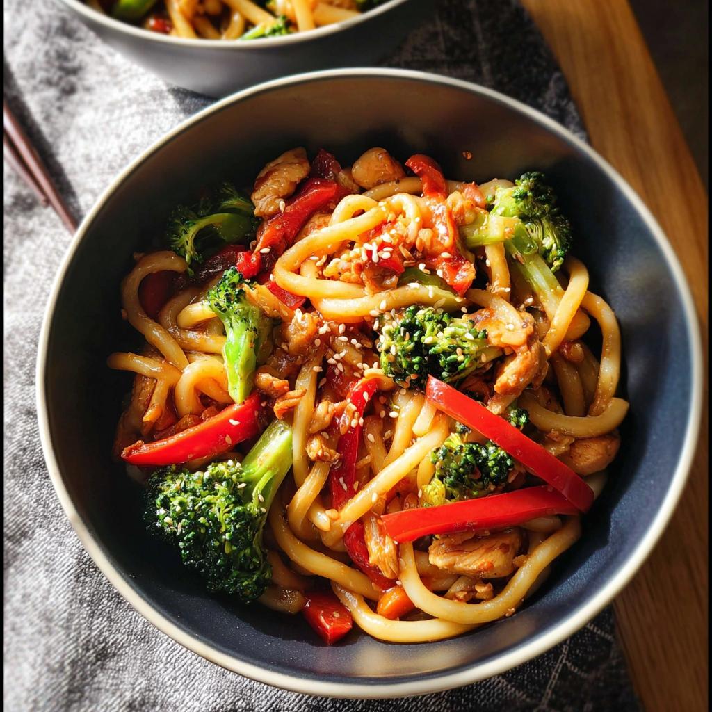 Close-up of a bowl of Spicy Garlic Chicken and Broccoli Noodle Bowls with udon noodles, chicken, broccoli, and red peppers.