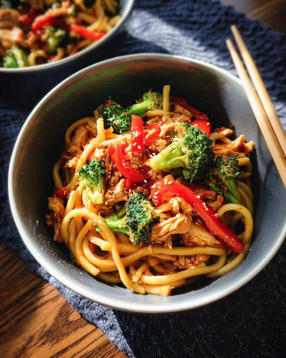 A close-up of a bowl of Spicy Garlic Chicken and Broccoli Noodle Bowls, featuring udon noodles, shredded chicken, broccoli florets, and red bell peppers.