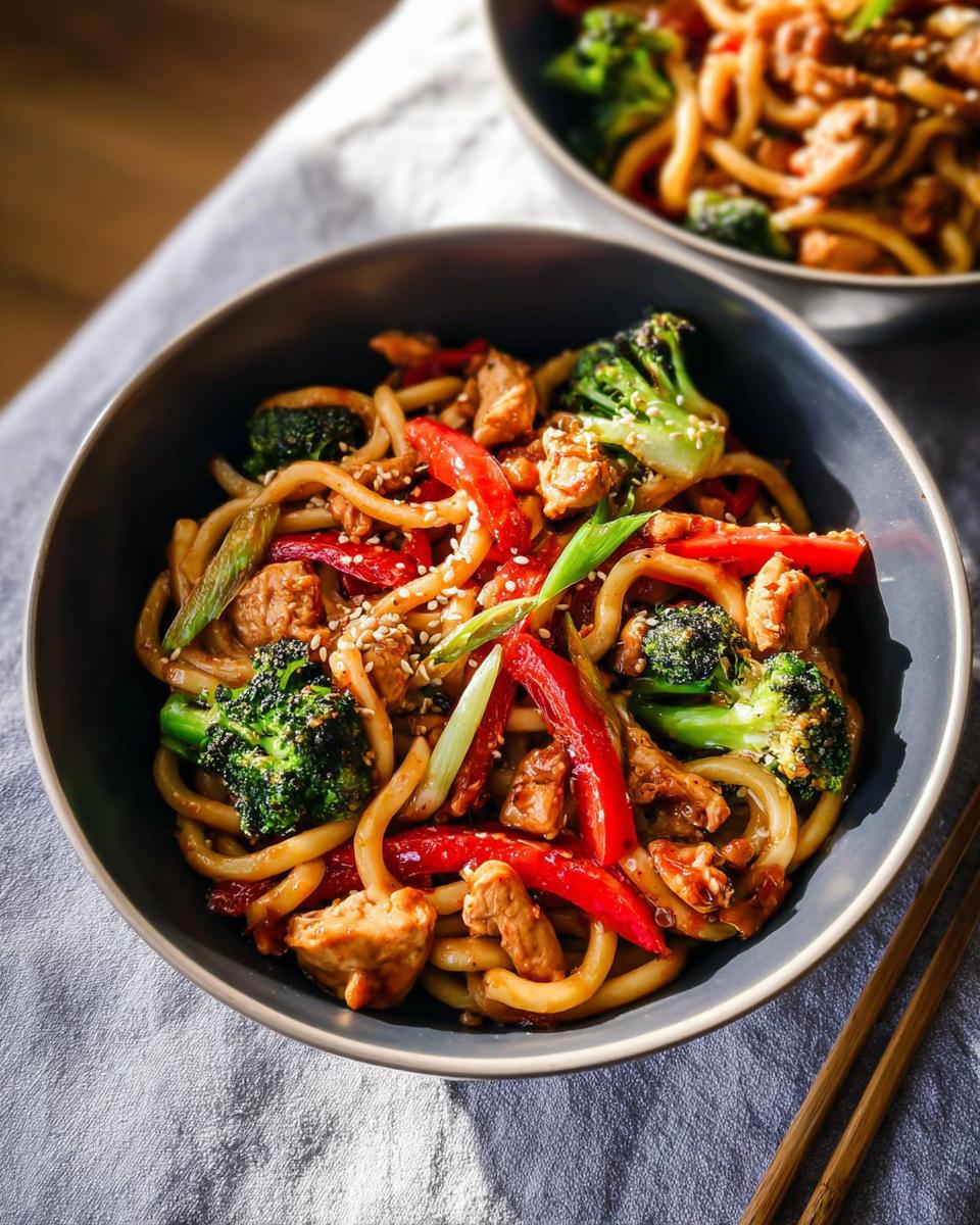 A close-up of a Spicy Garlic Chicken and Broccoli Noodle Bowl, featuring udon noodles, tender chicken, vibrant broccoli, and red bell peppers.