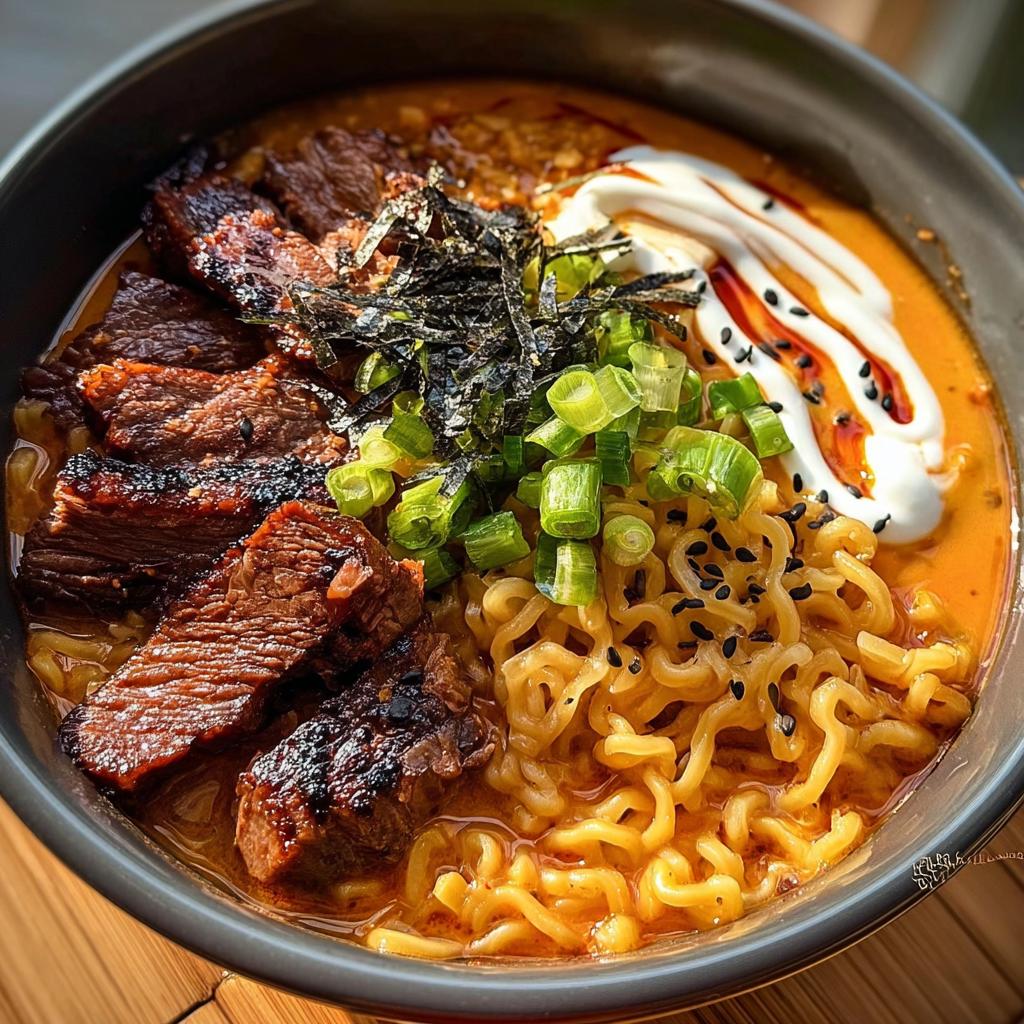 A close-up of Spicy Korean Ramen with Grilled Beef & Creamy Sauce, featuring tender beef slices, ramen noodles, and a swirl of creamy sauce.