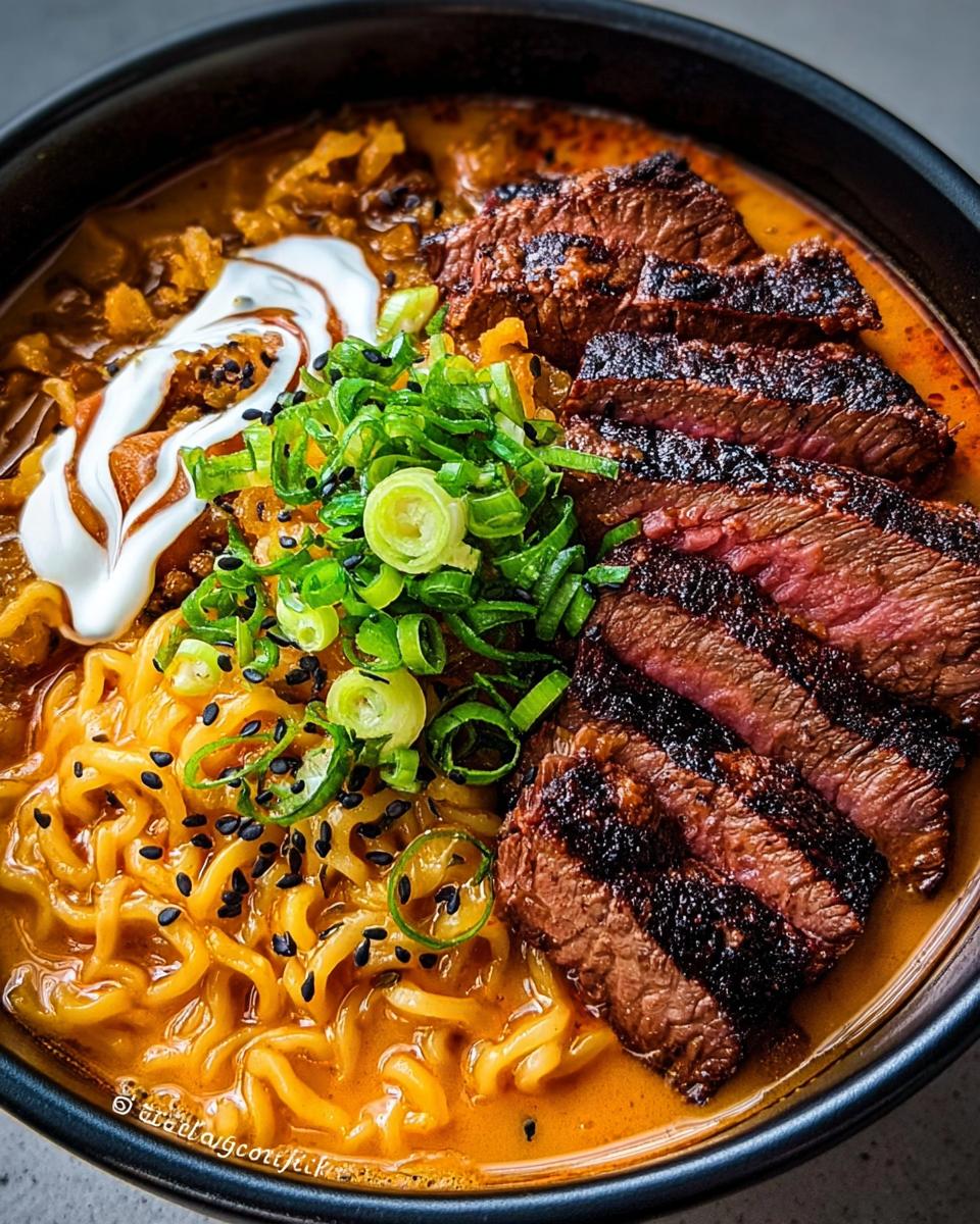 A close-up of Spicy Korean Ramen with tender grilled beef slices, creamy sauce, scallions, and black sesame seeds.
