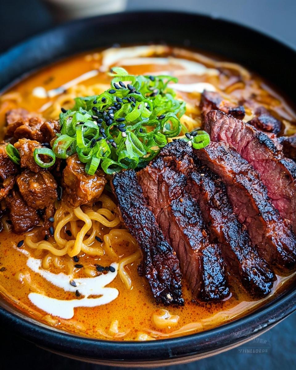 A bowl of Spicy Korean Ramen with Grilled Beef & Creamy Sauce, featuring tender noodles, sliced grilled beef, and a rich broth.