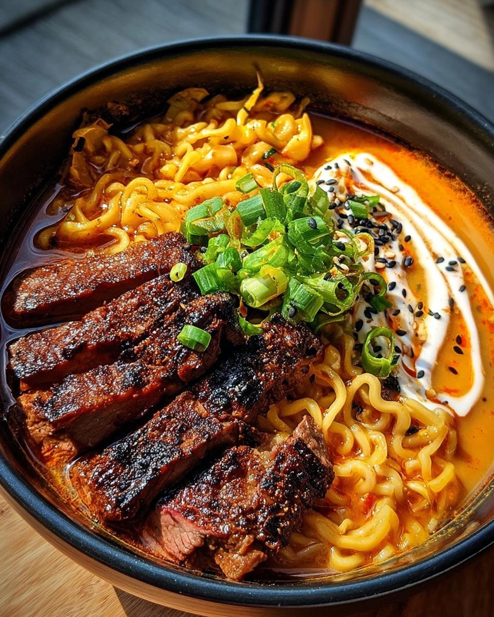 A bowl of Spicy Korean Ramen with perfectly grilled beef slices, spring onions, and a swirl of creamy sauce.