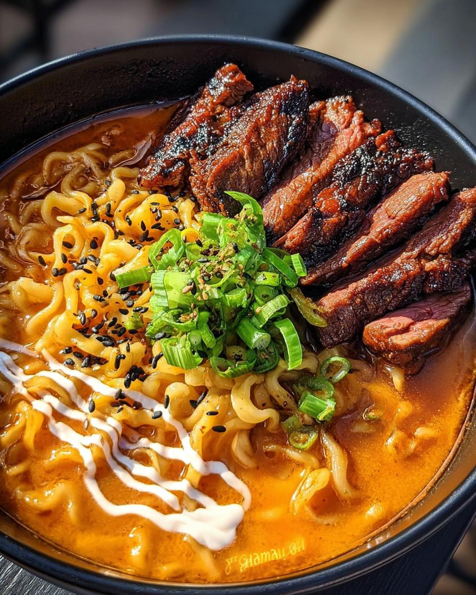 Close-up of a bowl of Spicy Korean Ramen with Grilled Beef & Creamy Sauce, topped with scallions and sesame seeds.