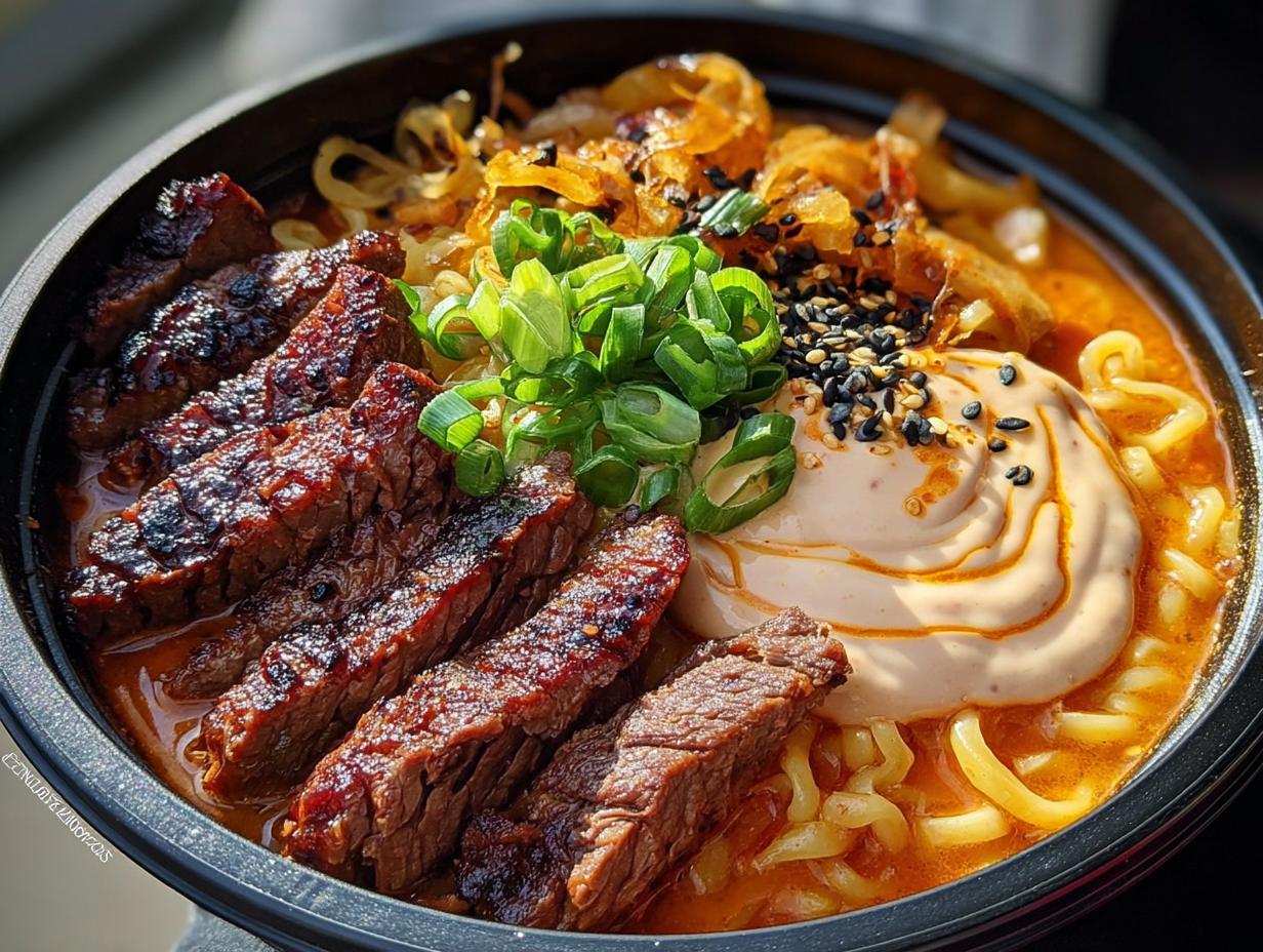 Close-up of a bowl of Spicy Korean Ramen with Grilled Beef & Creamy Sauce, featuring sliced grilled beef, ramen noodles, and a swirl of creamy sauce.