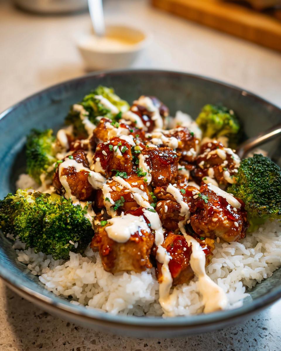A close-up of a bowl filled with white rice, topped with glazed sticky chicken pieces and steamed broccoli florets, drizzled with sauce and sesame seeds.