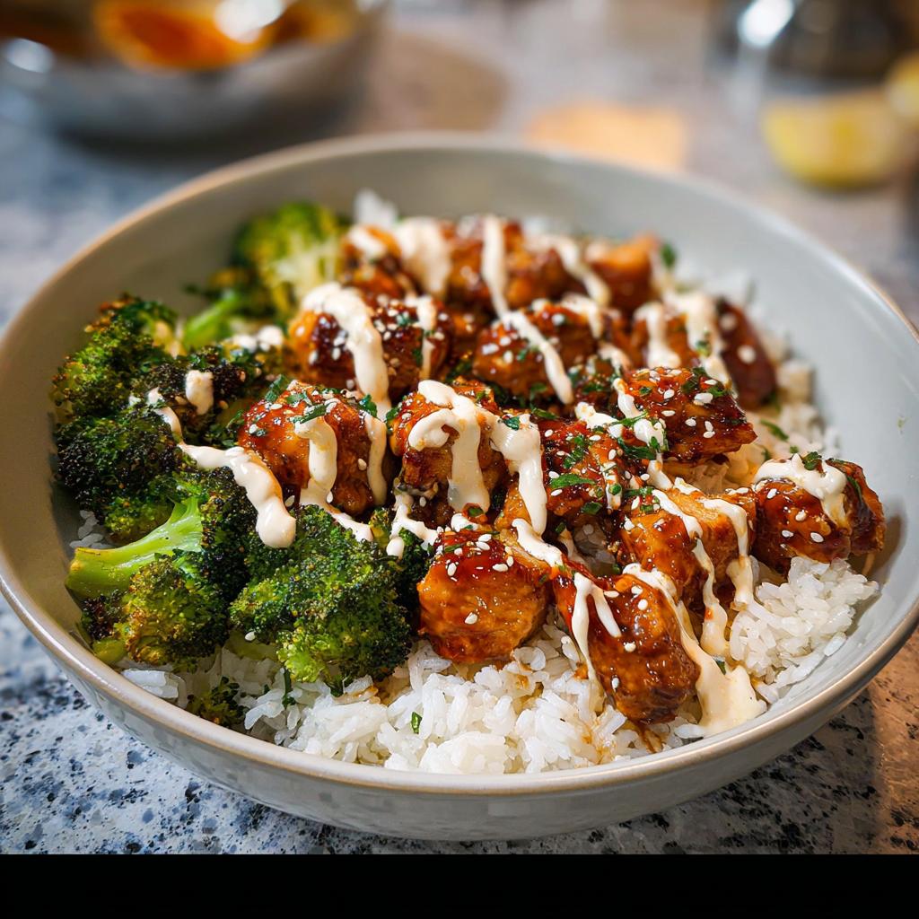 A close-up of a bowl filled with fluffy white rice, tender broccoli florets, and glazed sticky chicken pieces drizzled with creamy sauce.