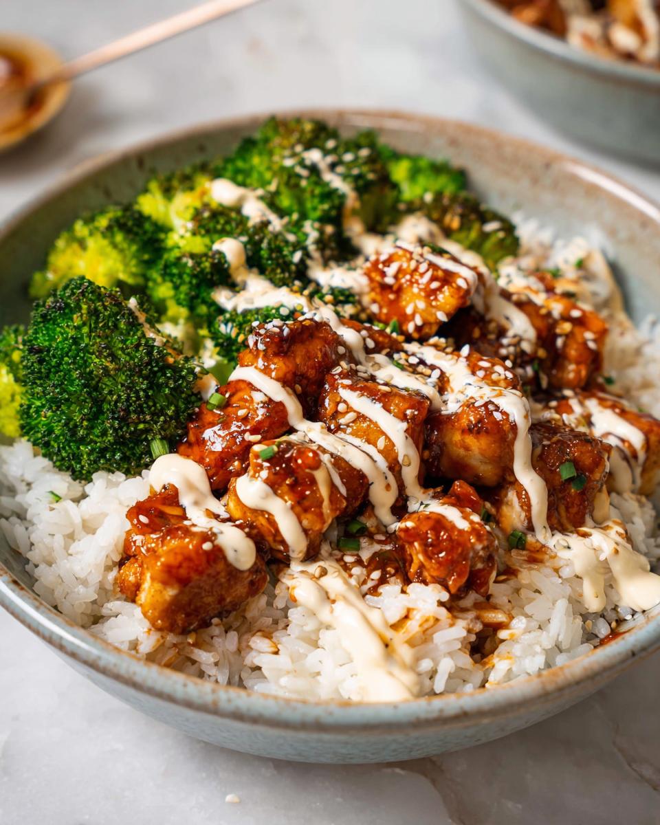A close-up of a bowl filled with white rice, topped with glazed sticky chicken pieces and roasted broccoli, drizzled with sauce and sesame seeds.