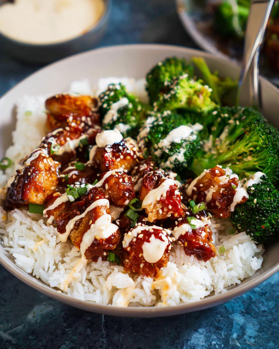 A close-up of a bowl filled with white rice, topped with glazed sticky chicken pieces, steamed broccoli, and a drizzle of creamy sauce.