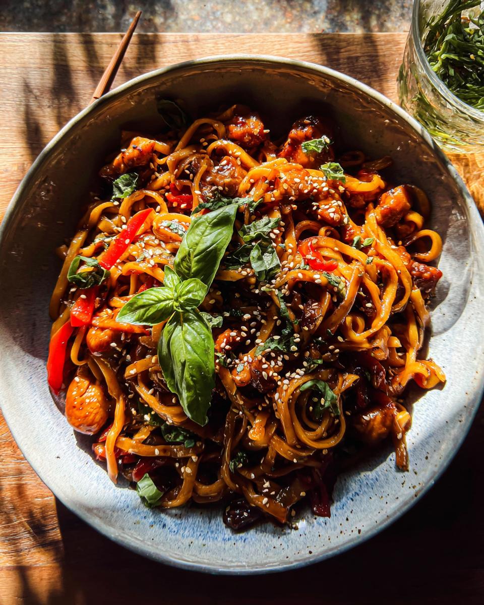 A close-up of a bowl filled with Sticky Garlic Chicken Noodles, garnished with fresh basil and sesame seeds.