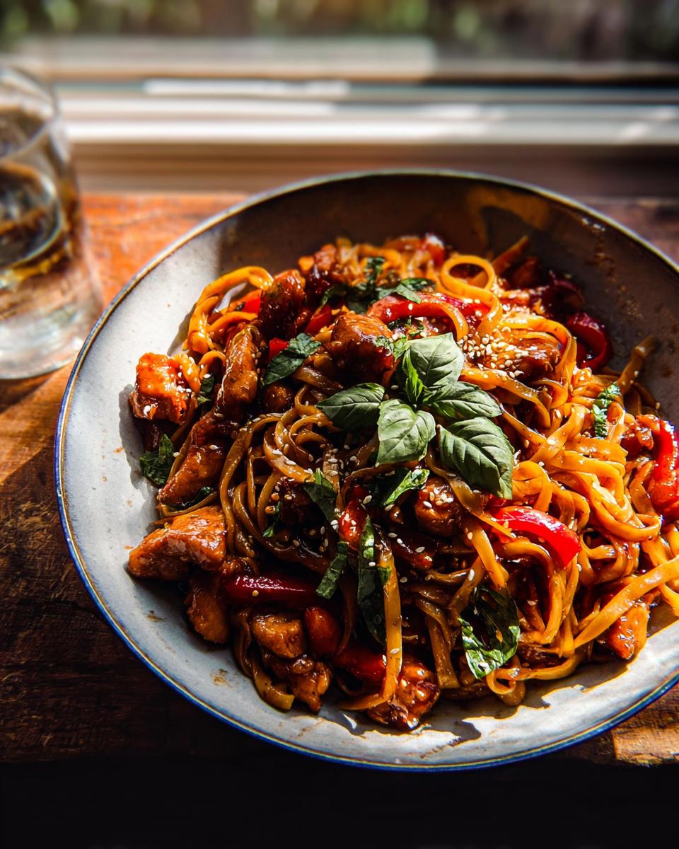 A close-up of a bowl filled with Sticky Garlic Chicken Noodles, featuring tender chicken pieces, red bell peppers, and fresh basil.