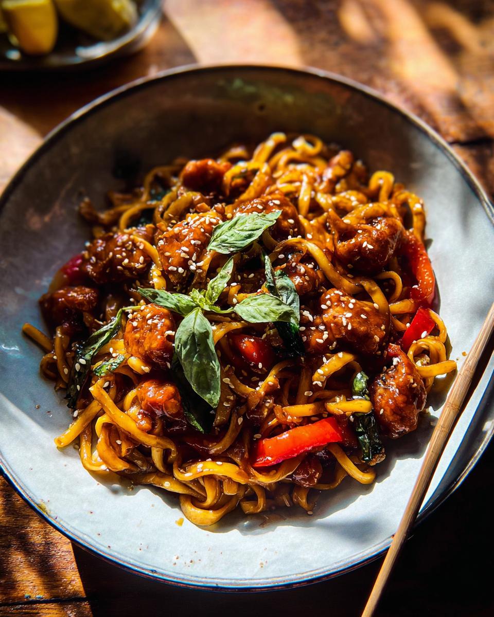 A close-up of a bowl of Sticky Garlic Chicken Noodles, garnished with sesame seeds and fresh basil.