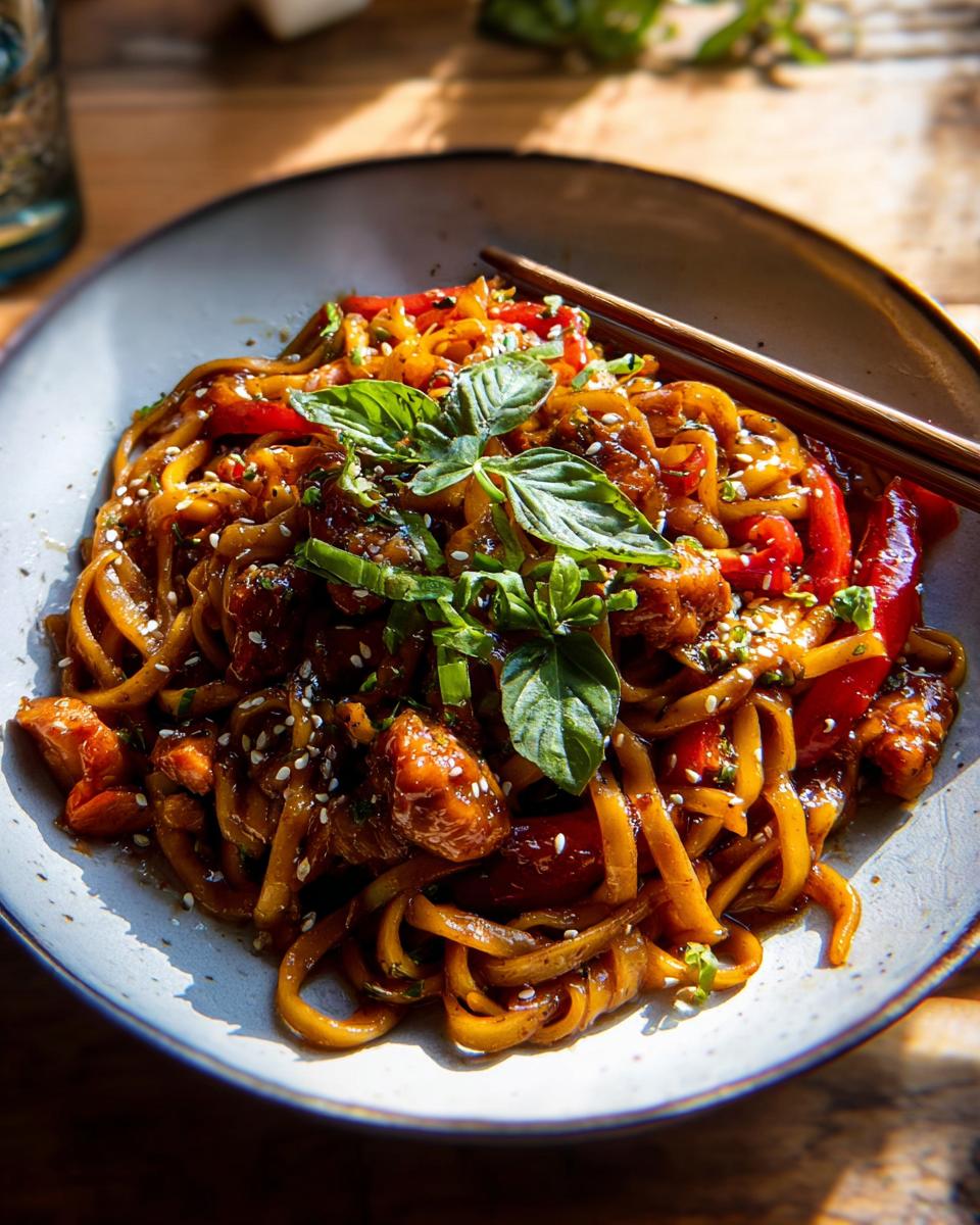 A close-up of a bowl of Sticky Garlic Chicken Noodles with red bell peppers, garnished with fresh basil and sesame seeds.