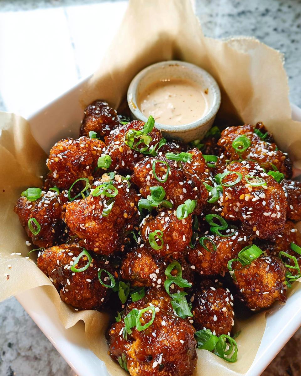 A bowl of Irresistible Sticky Honey Garlic Cauliflower bites, garnished with sesame seeds and green onions, served with a dipping sauce.