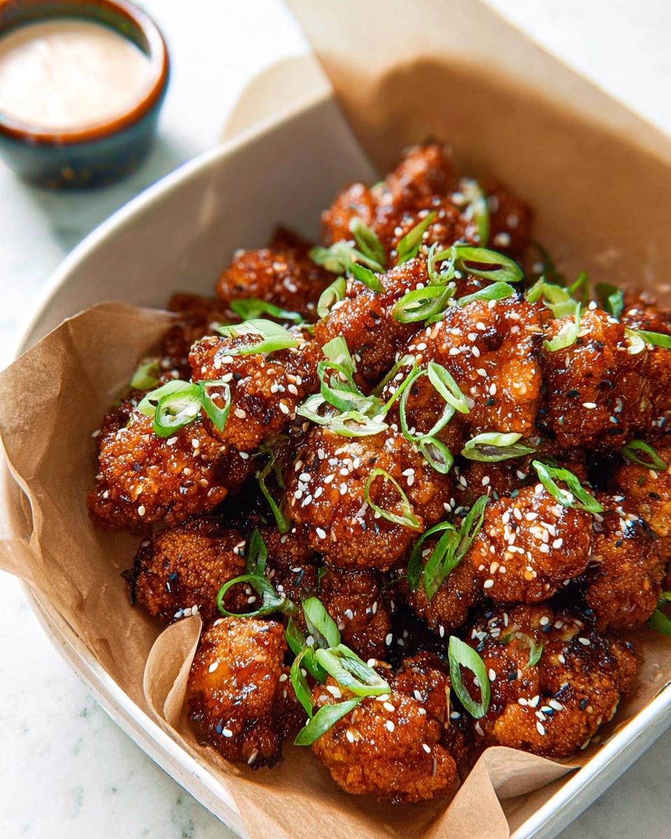 Close-up of Irresistible Sticky Honey Garlic Cauliflower Recipe bites, coated in glaze and sprinkled with sesame seeds and green onions.