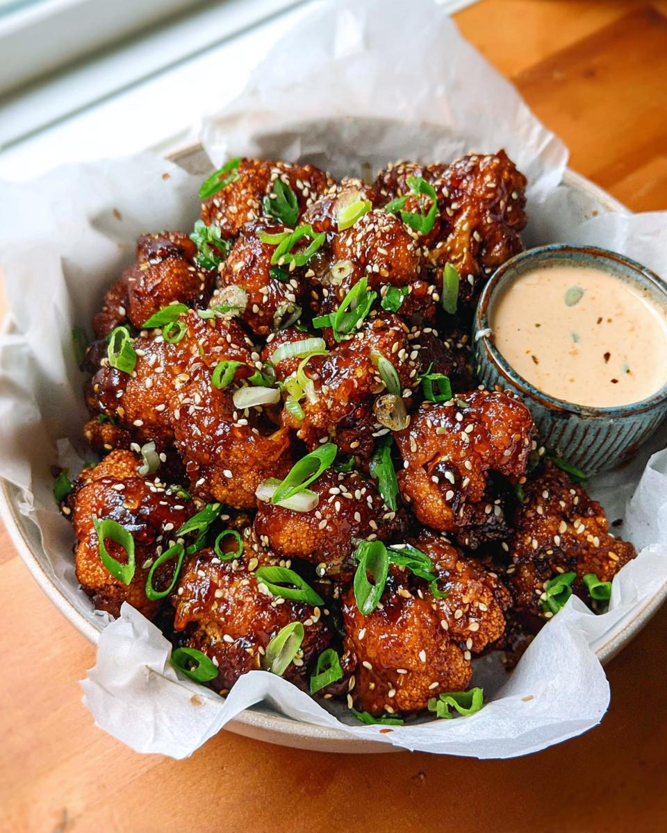 A bowl of Irresistible Sticky Honey Garlic Cauliflower topped with sesame seeds and green onions, served with a side of dipping sauce.