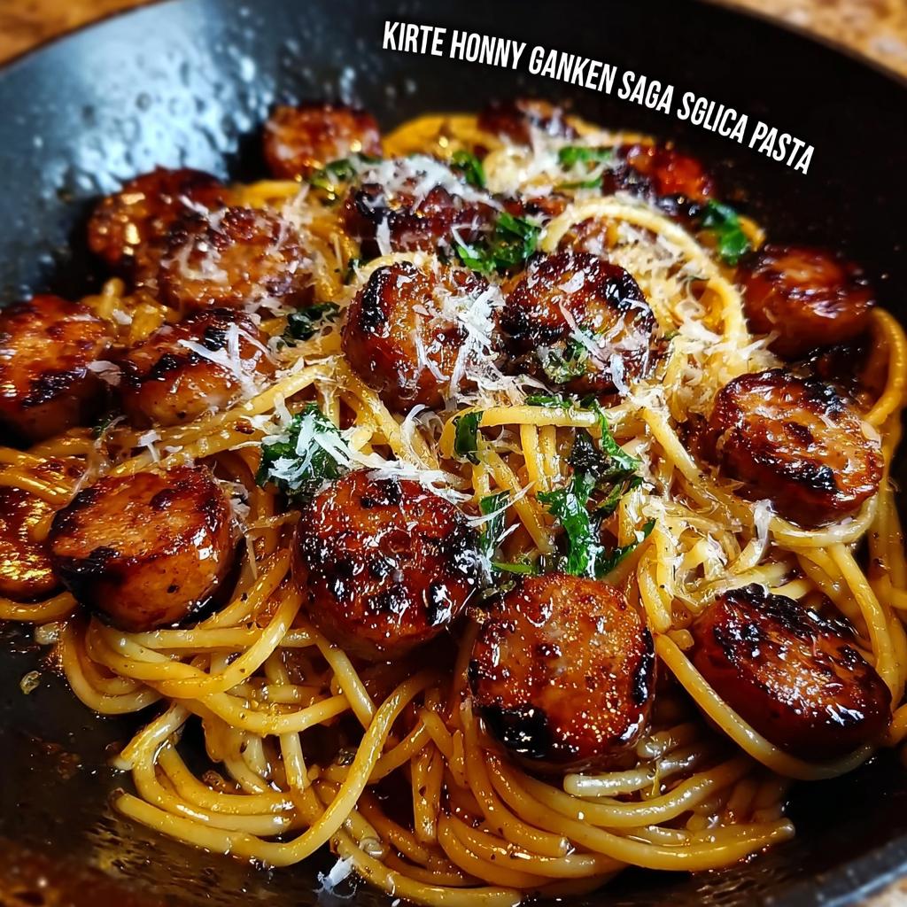 A close-up of a bowl of Sticky Honey Garlic Sausage Pasta Skillet, featuring pasta, sliced sausage, and grated cheese.