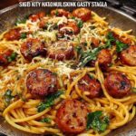 Close-up of a skillet filled with Sticky Honey Garlic Sausage Pasta, garnished with parsley and cheese.