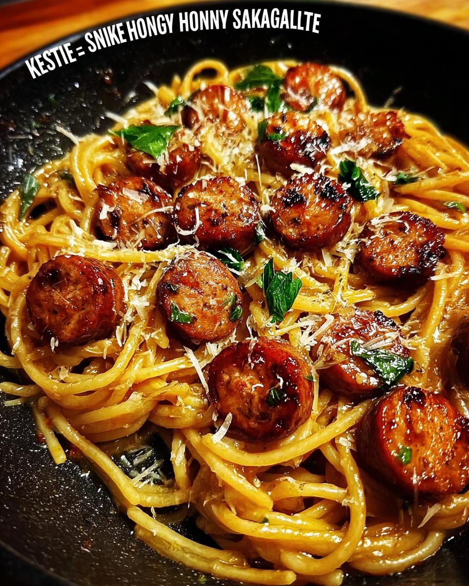 Close-up of a skillet filled with Sticky Honey Garlic Sausage Pasta, topped with grated cheese and herbs.