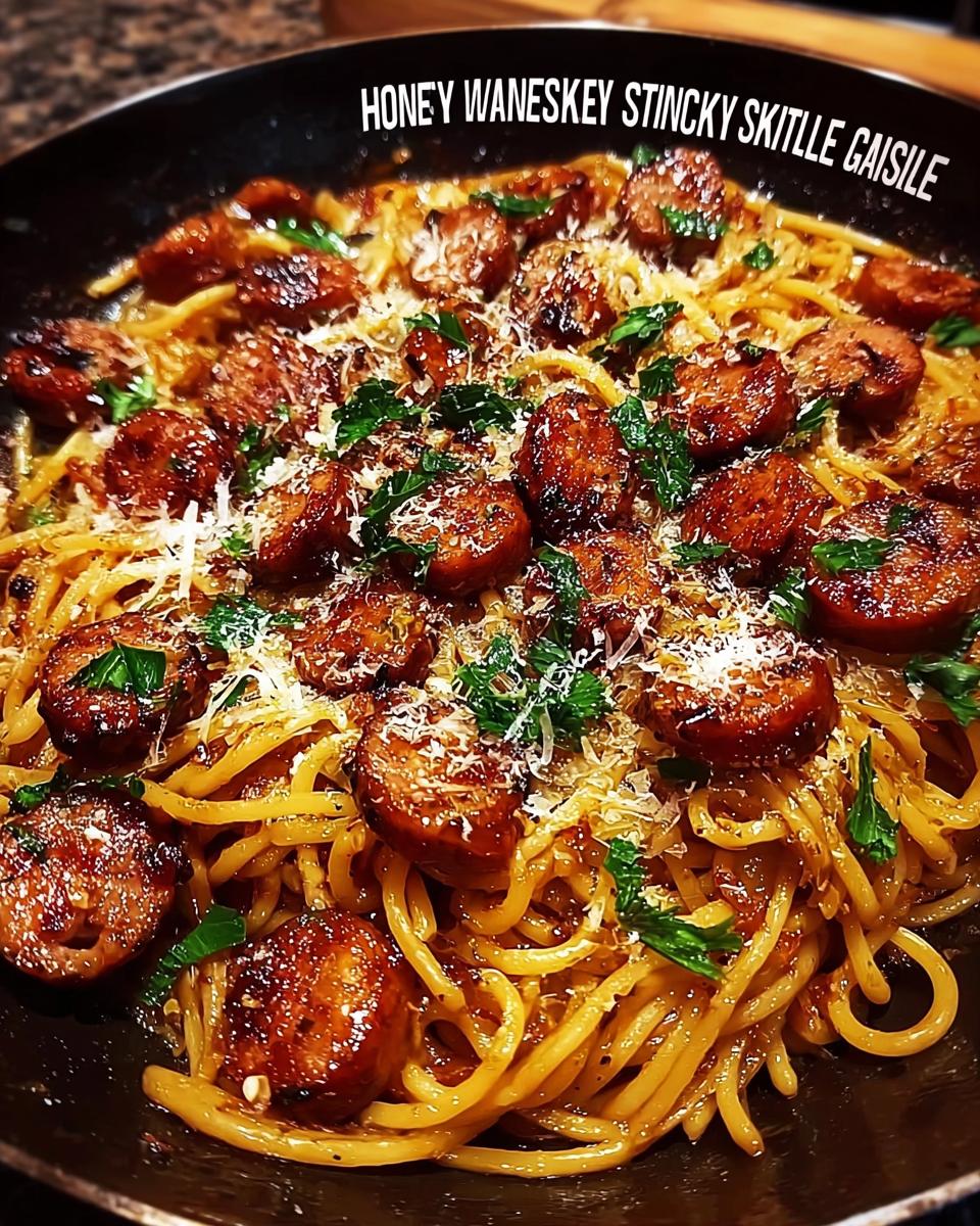 Close-up of a skillet filled with Sticky Honey Garlic Sausage Pasta, garnished with parsley and cheese.