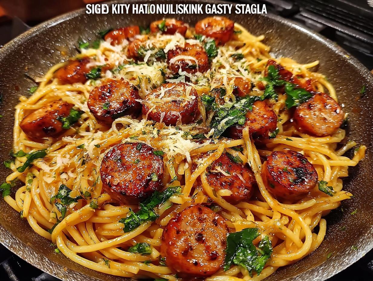 Close-up of a skillet filled with Sticky Honey Garlic Sausage Pasta, garnished with parsley and cheese.