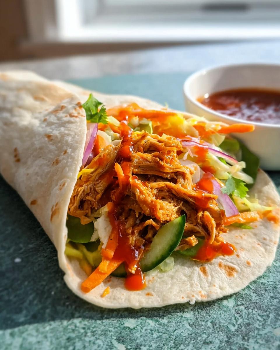 A close-up of a Sweet Chili Chicken Wrap filled with shredded chicken, lettuce, cucumber, carrots, and red onion, drizzled with sauce.
