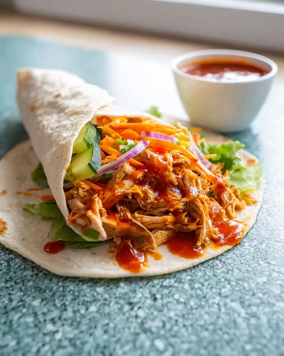 A close-up of a Sweet Chili Chicken Wrap filled with shredded chicken, fresh vegetables, and drizzled with sauce.