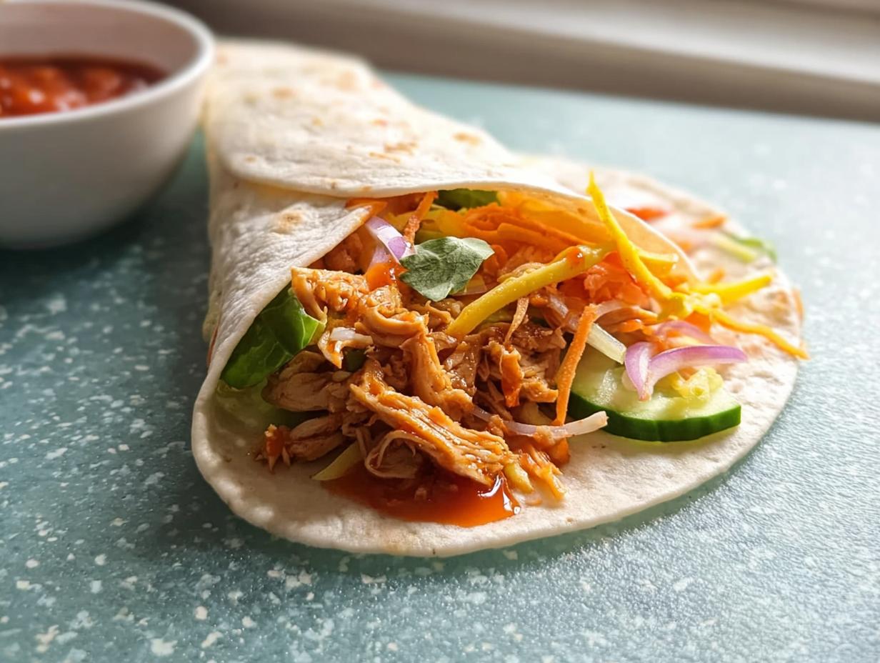 Close-up of a Sweet Chili Chicken Wrap filled with shredded chicken, lettuce, cucumber, carrots, and red onion.