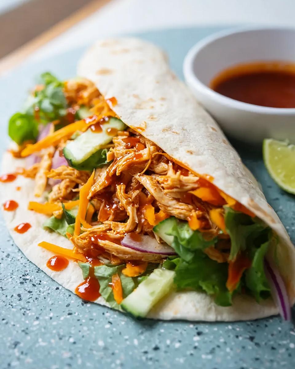 A close-up of a Sweet Chili Chicken Wrap filled with shredded chicken, lettuce, cucumber, carrots, and red onion, drizzled with sauce.