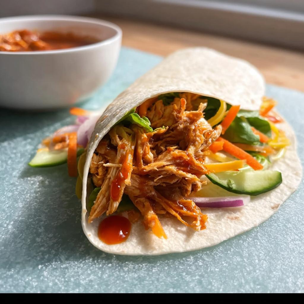 A close-up of a Sweet Chili Chicken Wrap filled with shredded chicken, lettuce, cucumber, carrots, and red onion, drizzled with sauce.