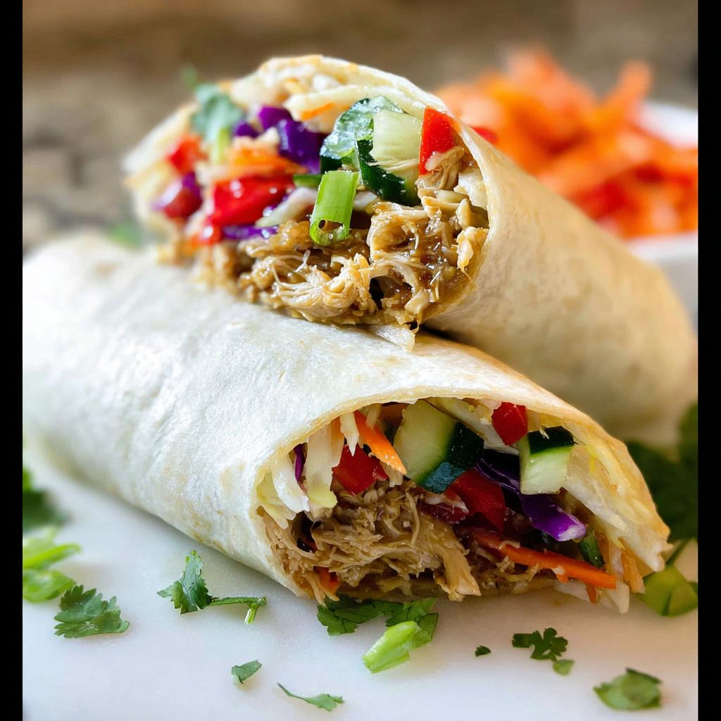 A close-up of a Teriyaki Chicken Wrap cut in half, revealing shredded teriyaki chicken and colorful vegetables.