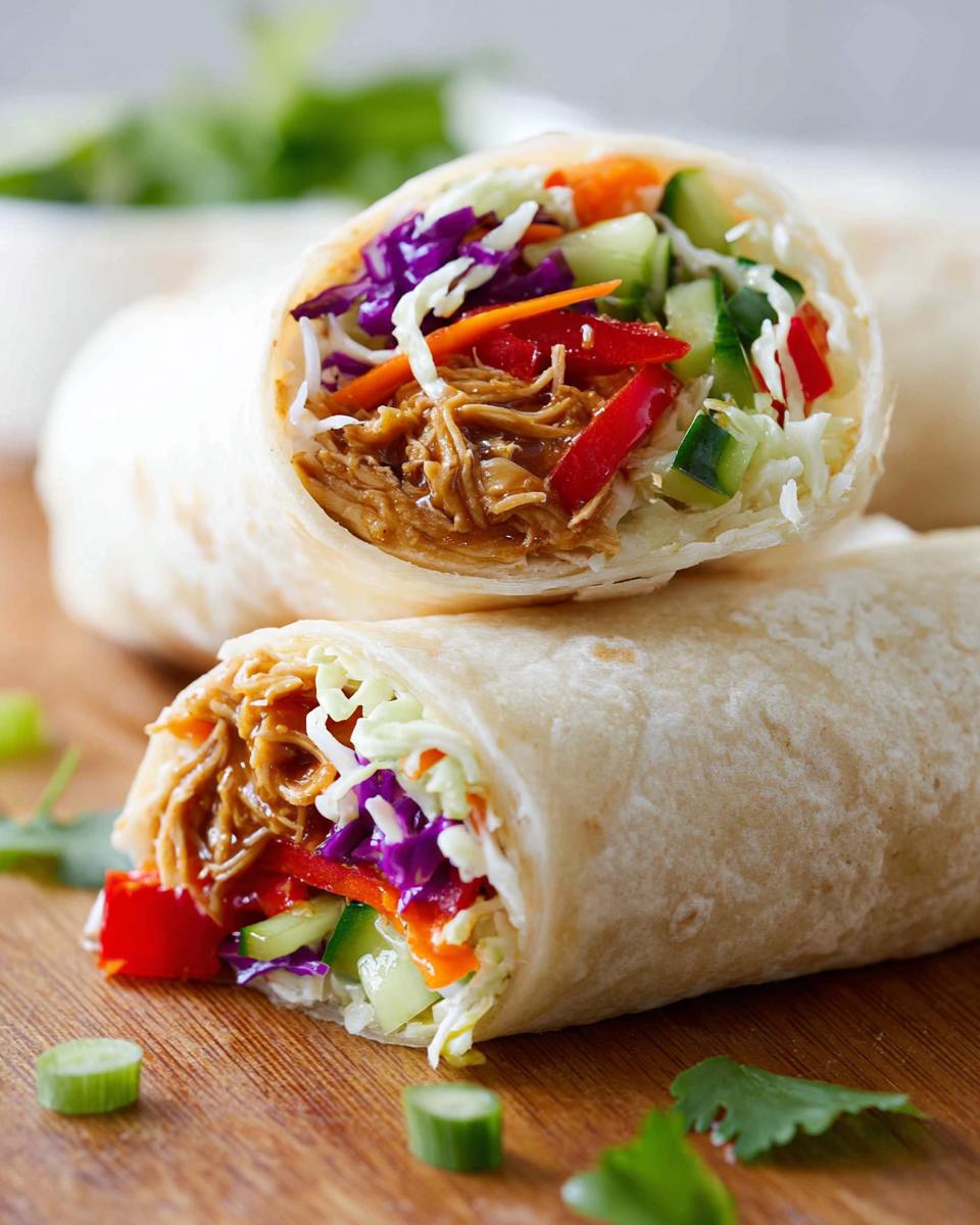 Close-up of a Teriyaki Chicken Wrap cut in half, showing shredded chicken, colorful vegetables, and sauce.