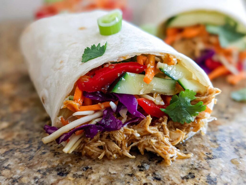 A close-up of a Teriyaki Chicken Wrap filled with shredded chicken, colorful vegetables, and topped with scallions.