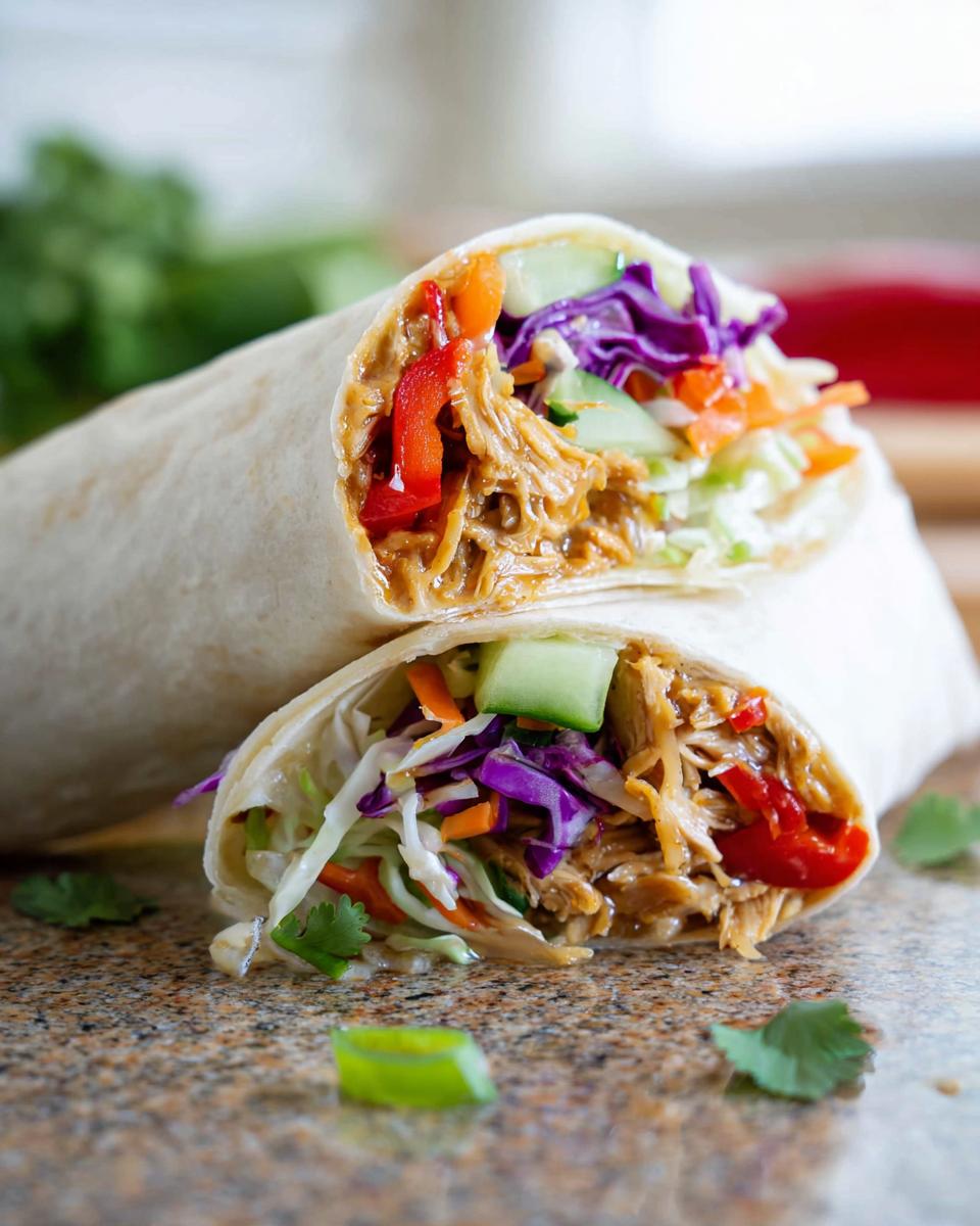 A halved Teriyaki Chicken Wrap filled with shredded chicken, colorful vegetables, and a creamy sauce.