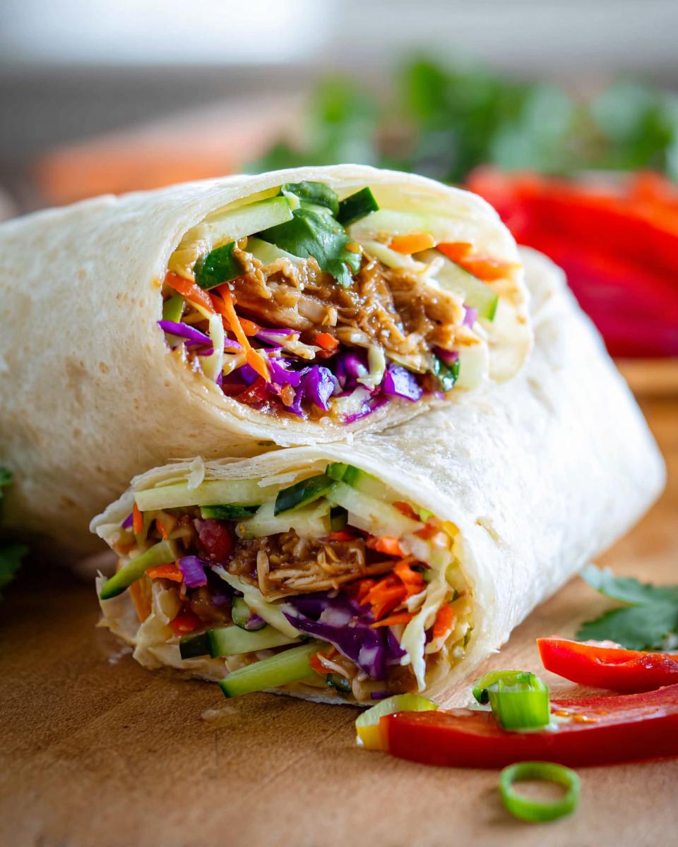 Close-up of a Teriyaki Chicken Wrap cut in half, showing shredded chicken, colorful vegetables, and sauce.