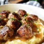 Salisbury Steak Meatballs with Garlic Herb Mashed Potatoes - Featured