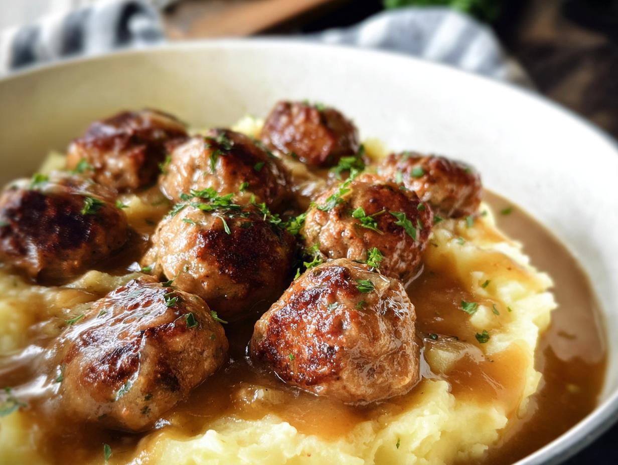 Salisbury Steak Meatballs with Garlic Herb Mashed Potatoes - Featured