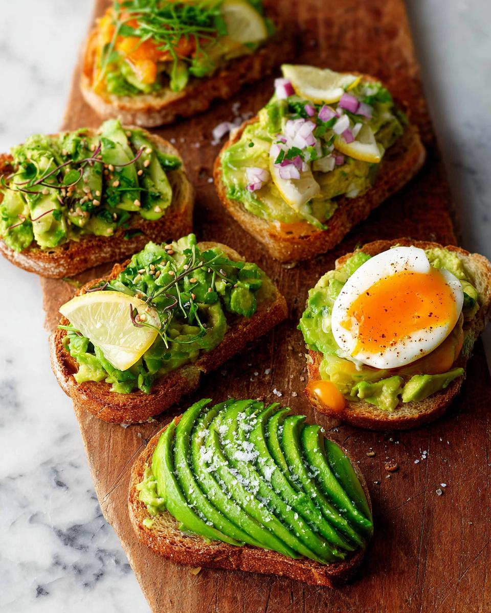 A variety of avocado toast toppings including sliced avocado, red onion, lemon, and a soft-boiled egg.