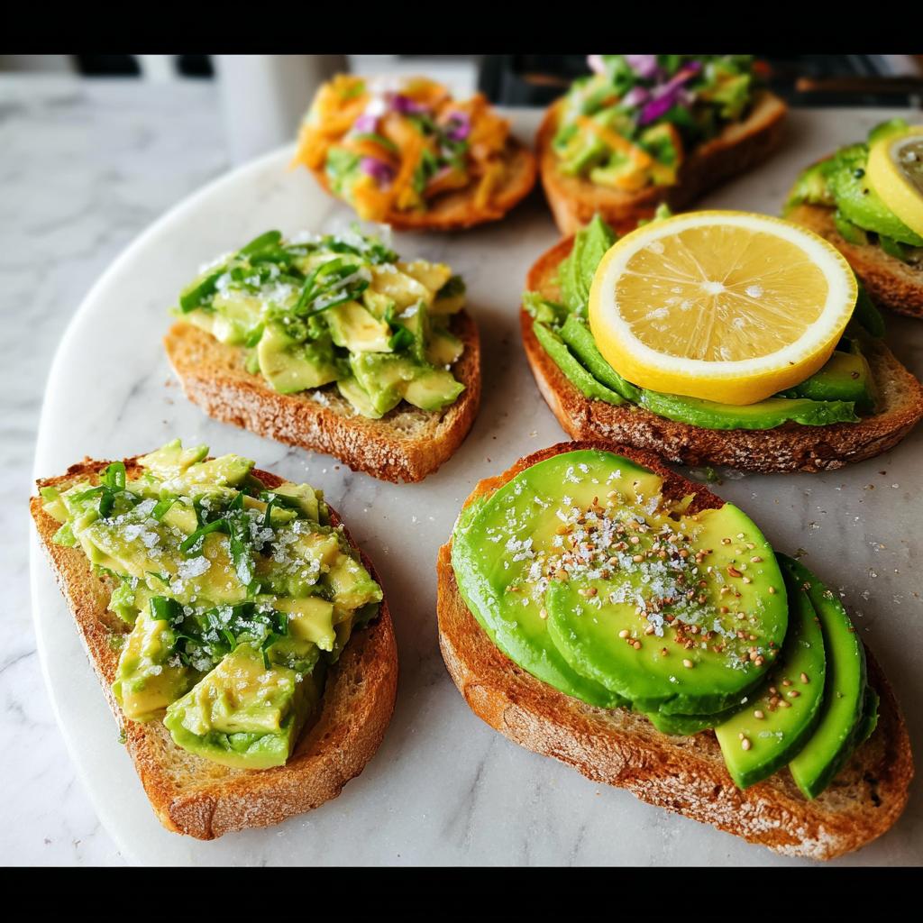 A close-up of several different avocado toast variations, showcasing sliced avocado, lemon, and herbs on toasted bread.