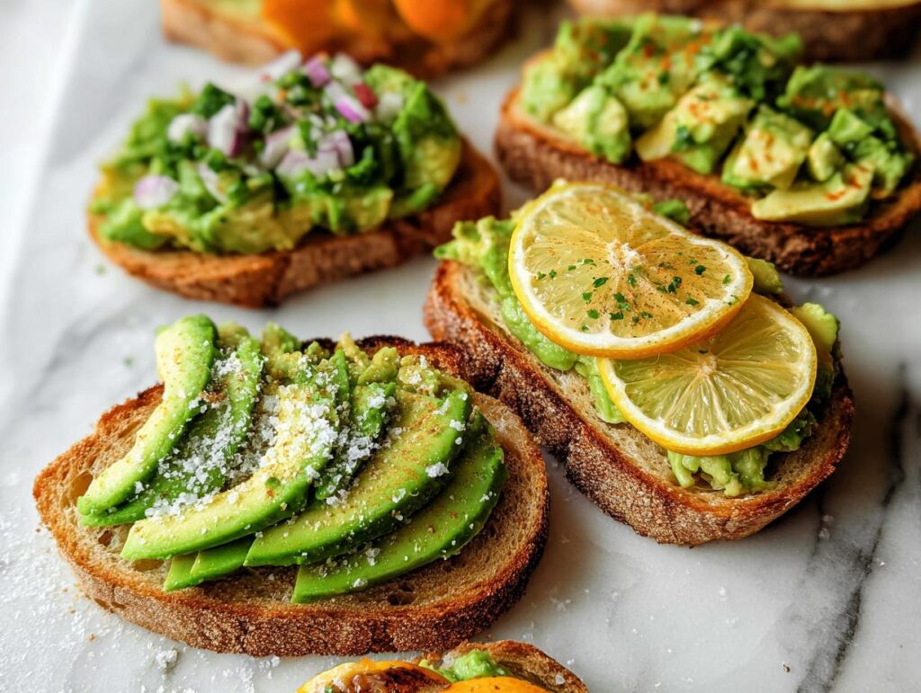 Close-up of various avocado toast toppings including sliced avocado, lemon, and red onion.