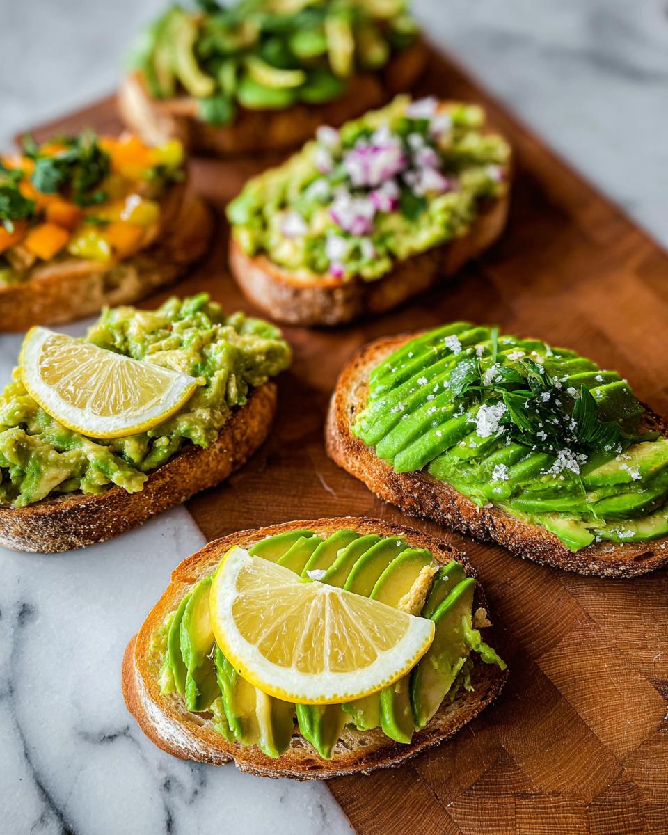 A variety of delicious avocado toast options, some topped with lemon slices, red onion, and herbs.