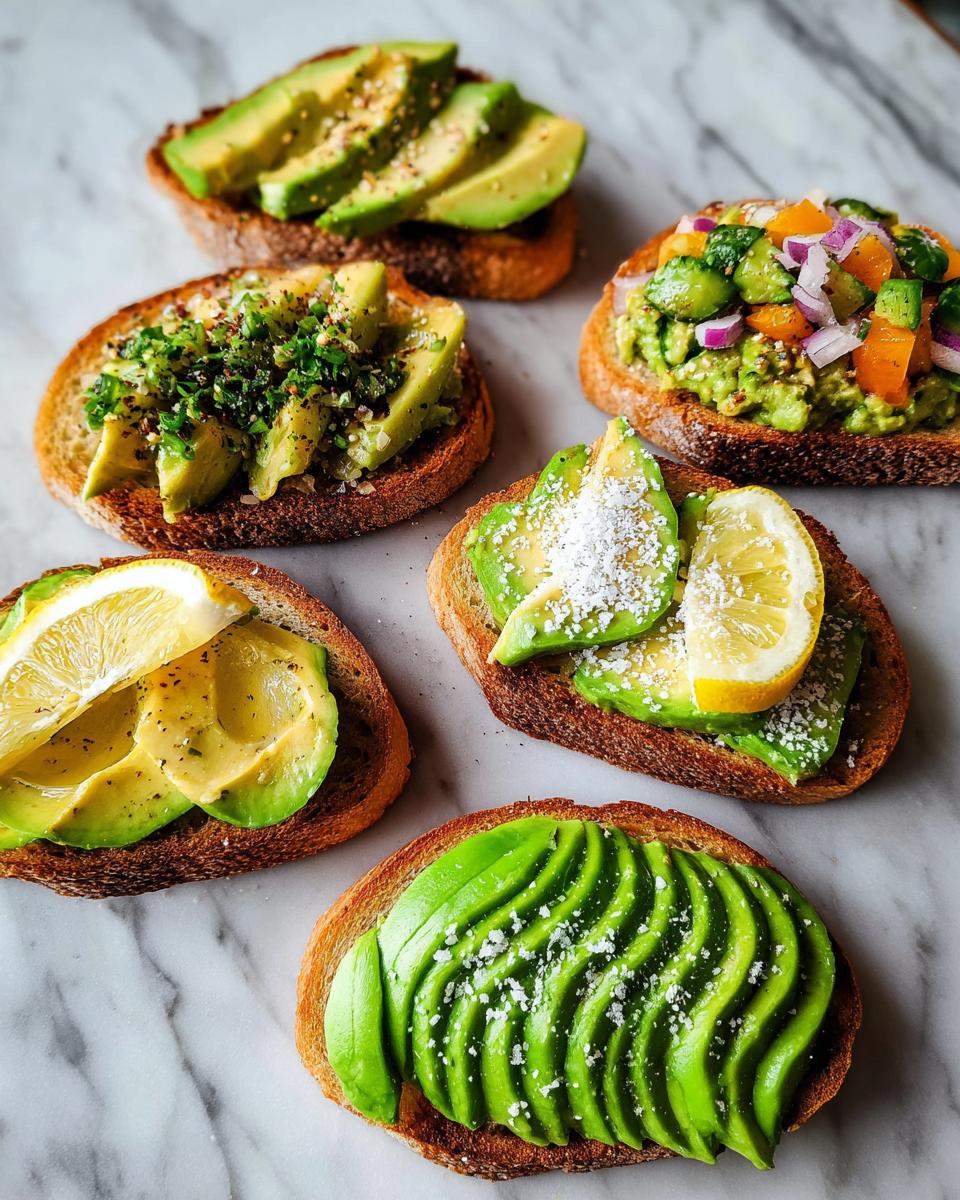 A selection of five different avocado toast preparations on a marble surface.