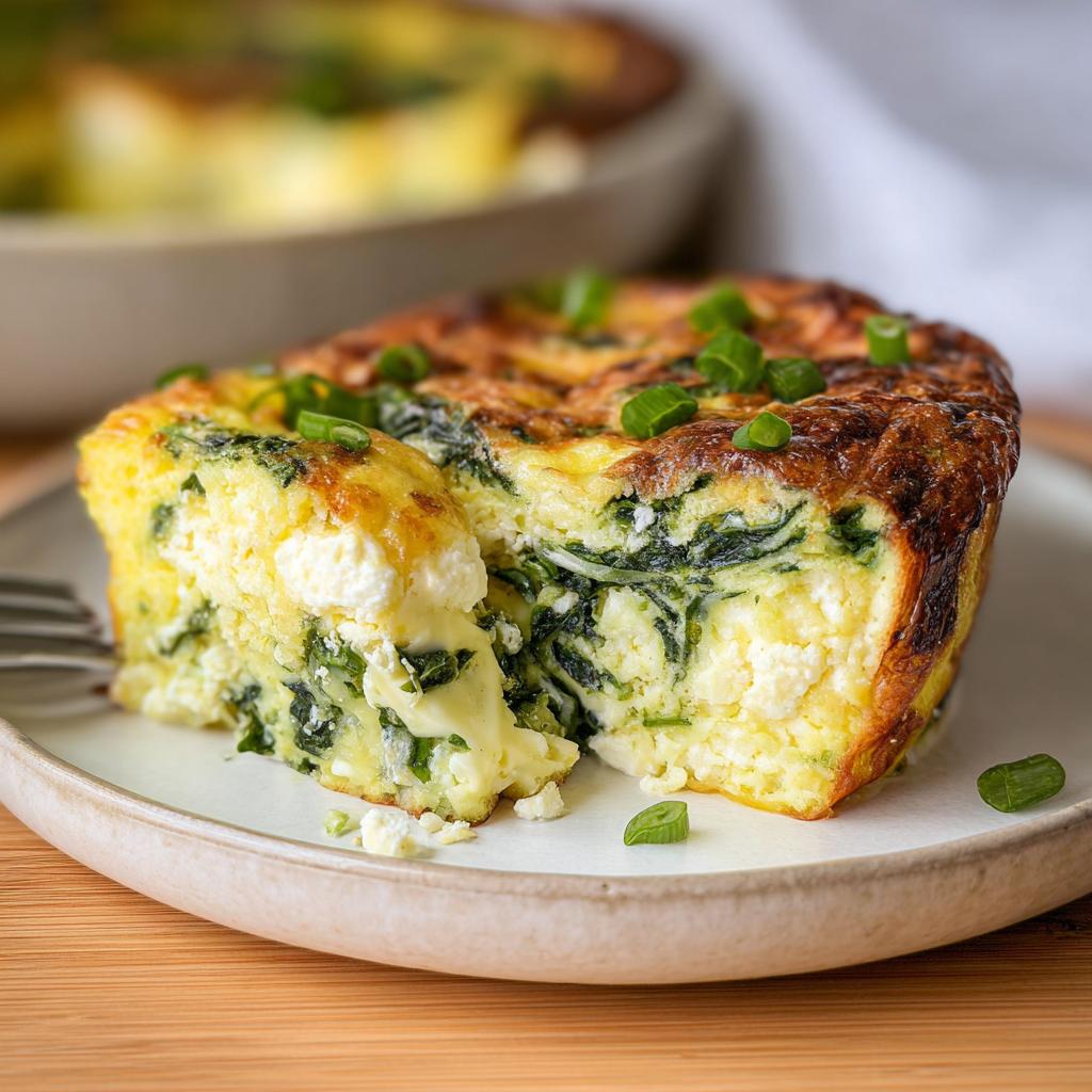 A slice of baked cottage cheese eggs with spinach and feta cheese, garnished with green onions.