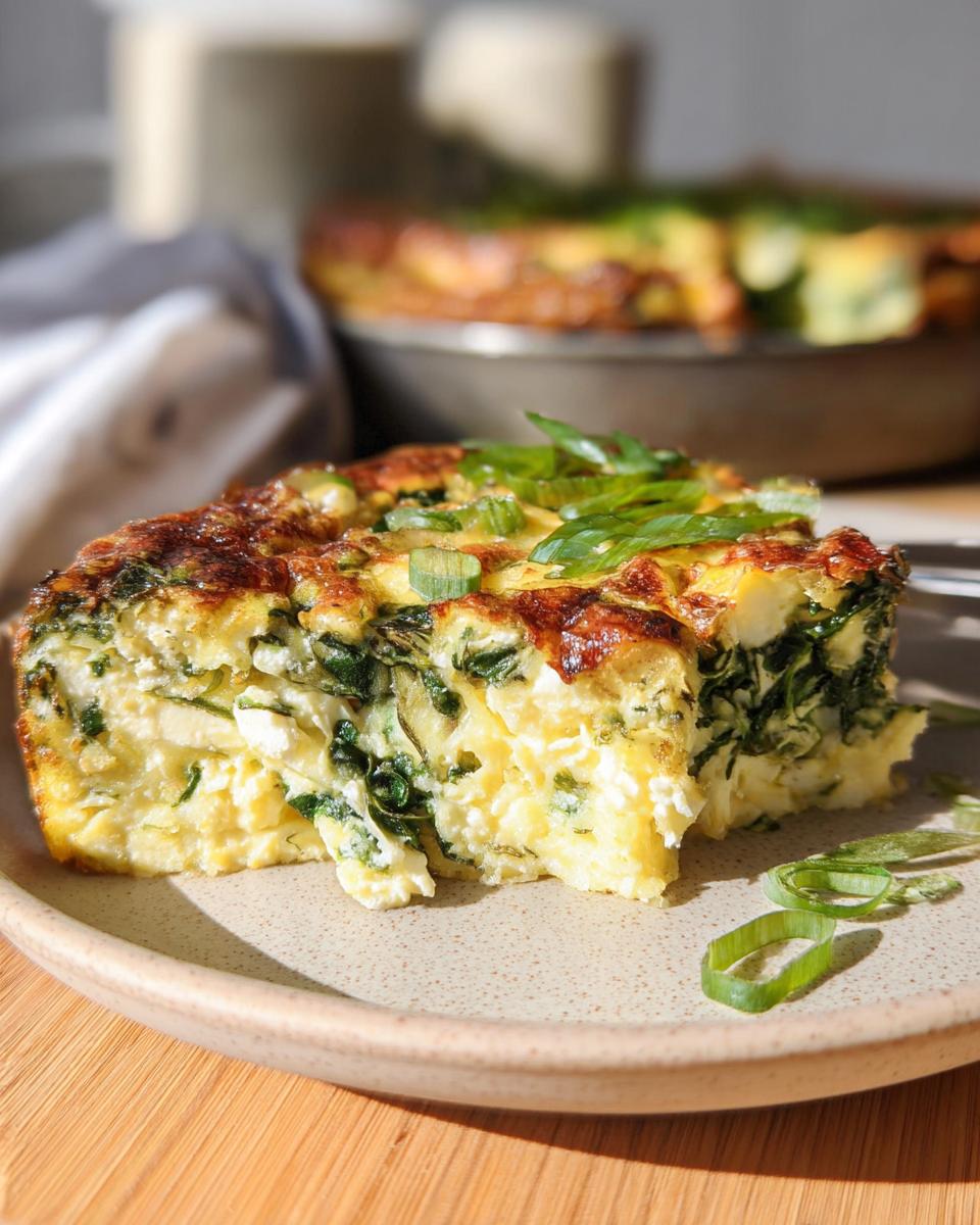 A slice of Baked Cottage Cheese Eggs with spinach and herbs, garnished with green onions.