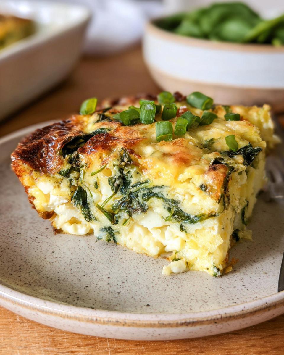 A slice of baked cottage cheese eggs with spinach and green onions, served on a plate.