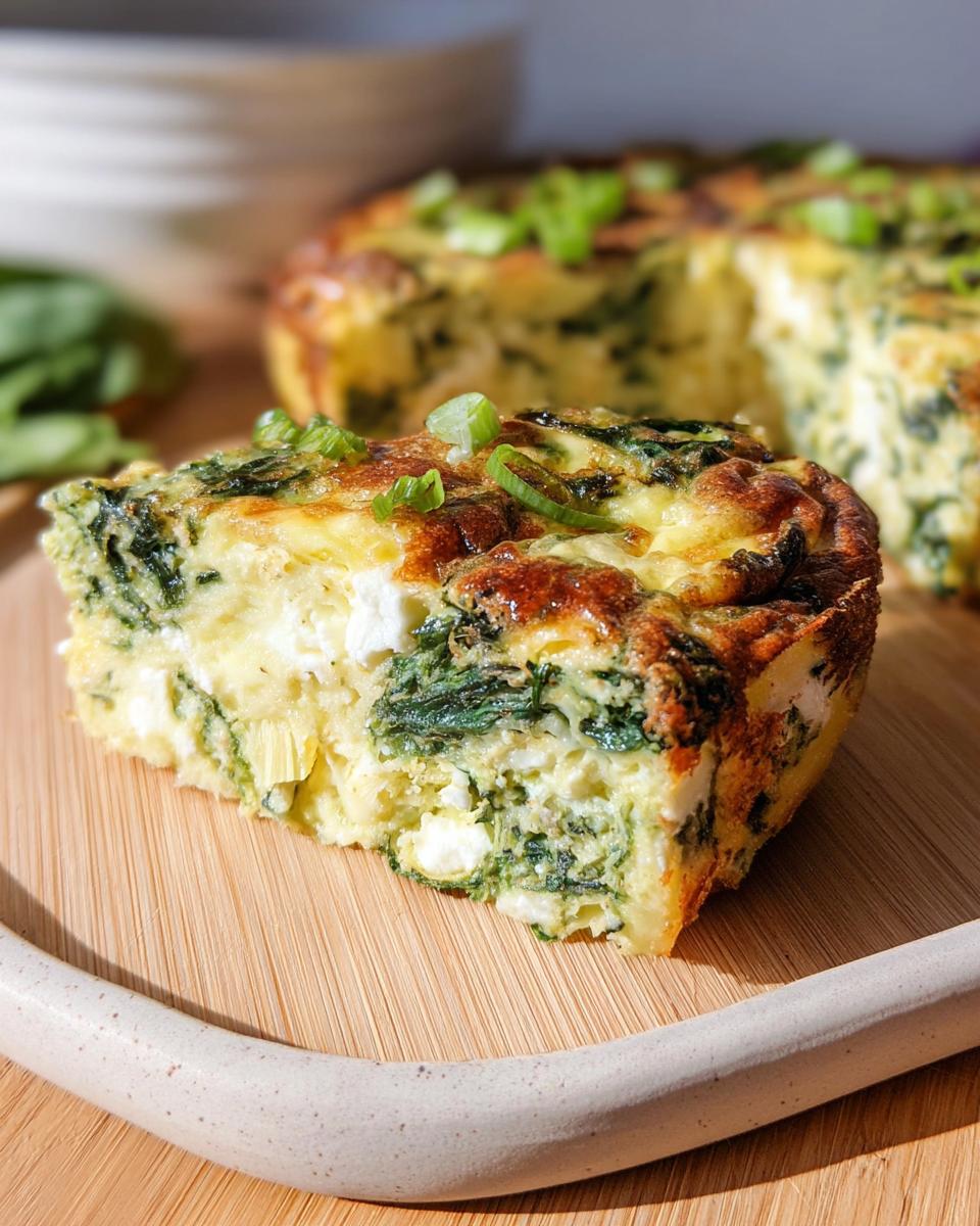 A slice of baked cottage cheese eggs with spinach and feta cheese, garnished with green onions.