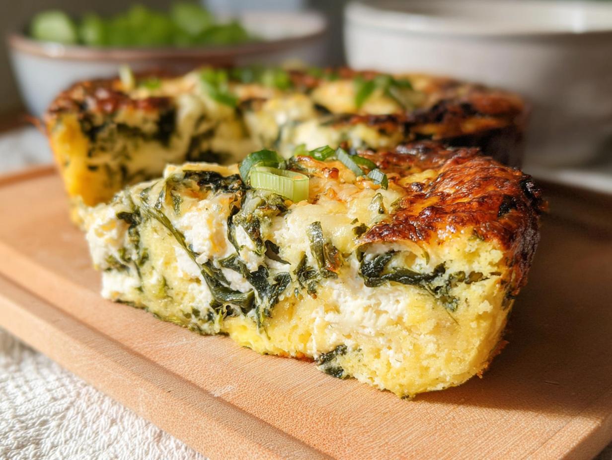 A slice of baked cottage cheese eggs with spinach and green onions on a wooden board.