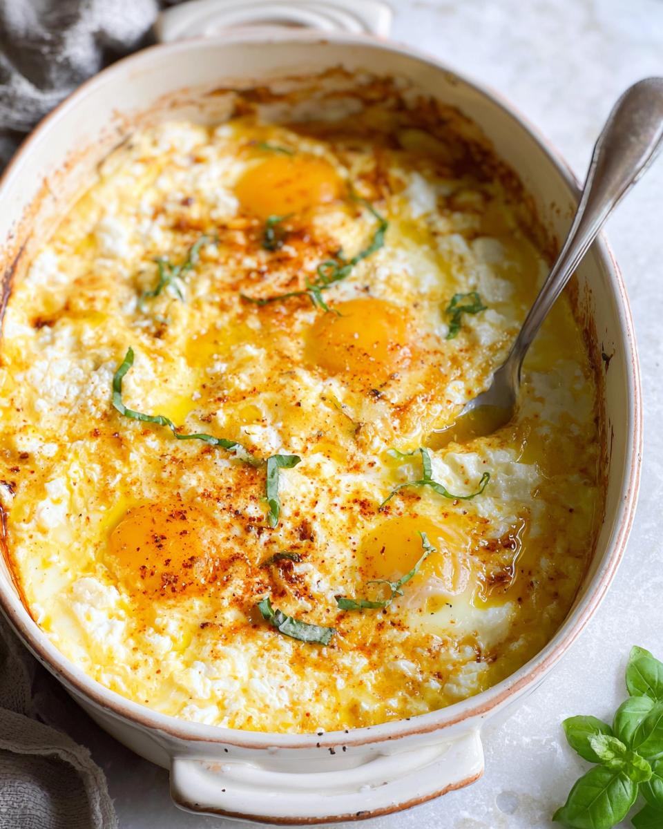 Close-up of baked feta eggs in a casserole dish, topped with paprika and fresh basil.
