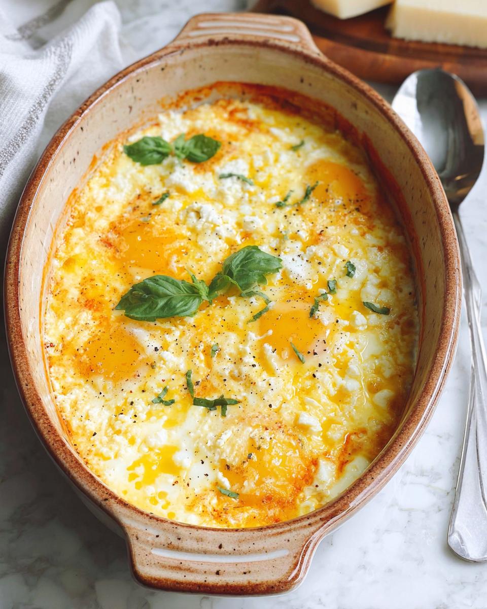 Close-up of baked feta eggs in a rustic oval baking dish, topped with fresh basil and cracked black pepper.